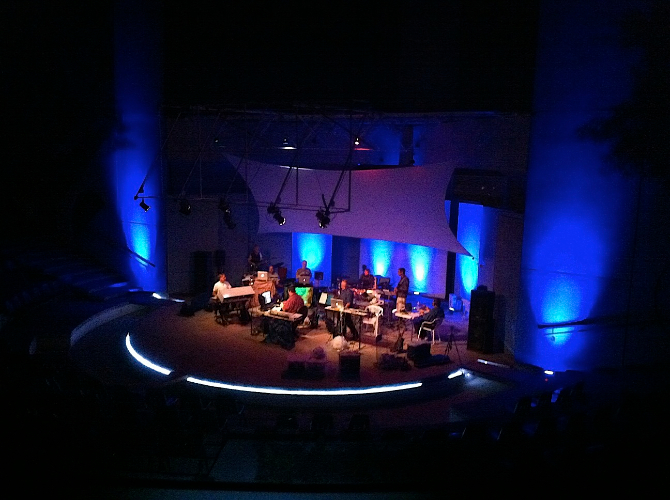 Special blue light effects at the Different Skies concert, Arcosanti